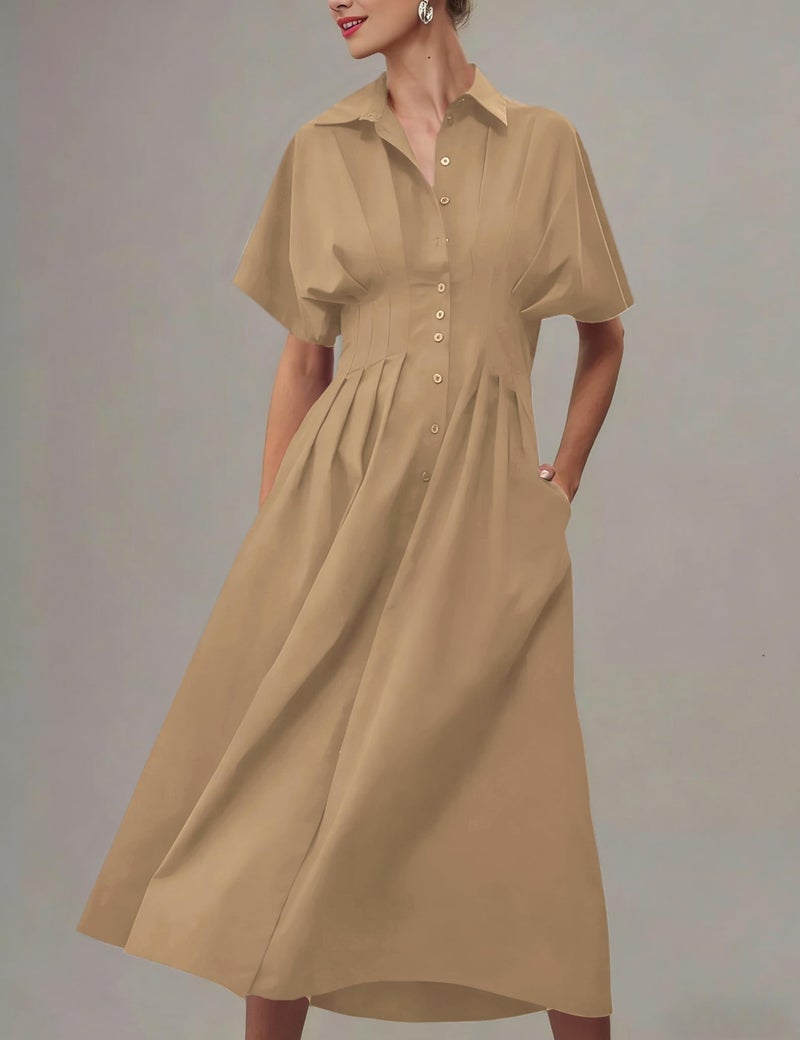 Yeokou Shirt Dress for Women Summer Casual Short Sleeve Button Down Loose Pleated Maxi Sundress with Pockets (Khaki-XL) - Image 2