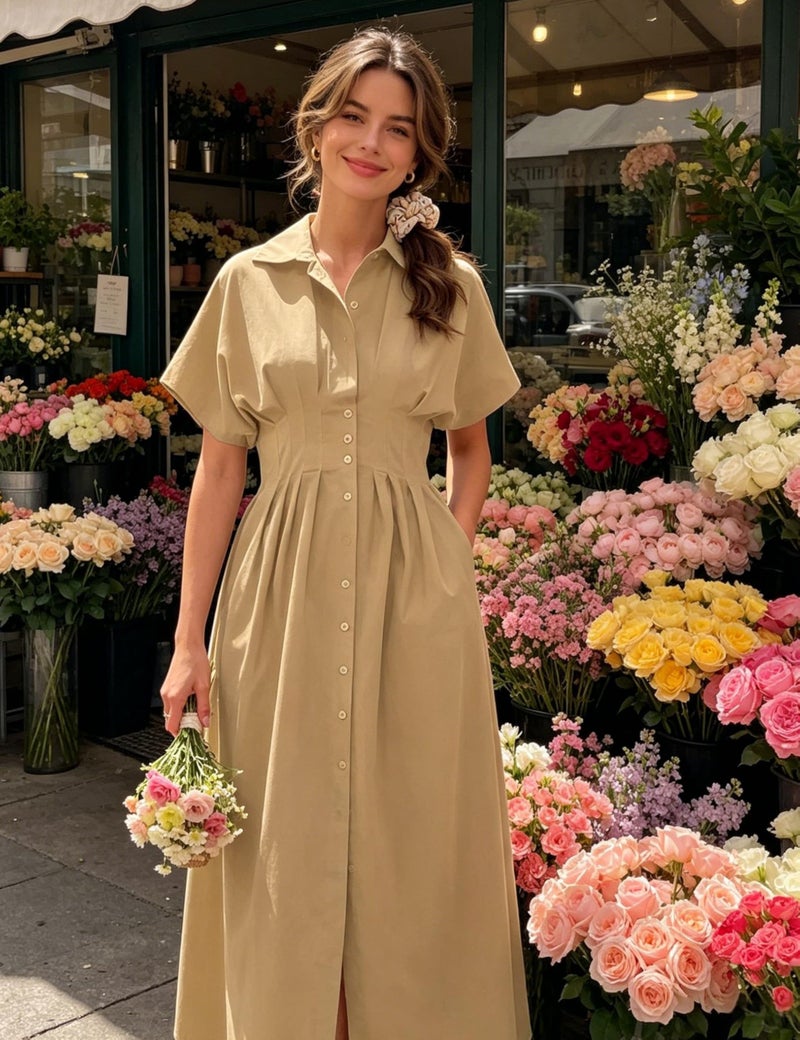 Yeokou Shirt Dress for Women Summer Casual Short Sleeve Button Down Loose Pleated Maxi Sundress with Pockets (Khaki-XL) - Image 5