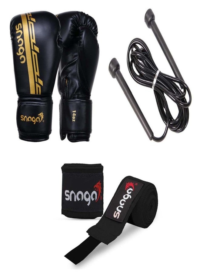 Snaga Complete Boxing Kit - Premium Vegan Leather Boxing Gloves with Hand Wraps & Skipping Rope | Shock-Absorbing, Durable & Comfortable | for Boxing, Kickboxing, and Training (Black, 8oz) - Image 1