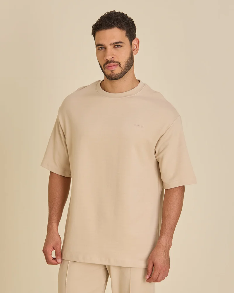 Redtag Men Beige Pleated Interlock T Shirt
