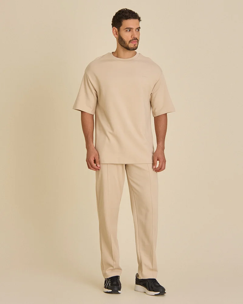Redtag Men Beige Pleated Interlock T Shirt