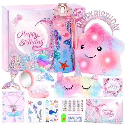 Auspicious beginning 13PCS Mermaid Toys Gifts for Girls 46 7 8 9 10 Years Old Girls Birthday Gifts Set with Light Up Star Pillow DIY Water Bottle Kits for Daughter Niece Christmas Birthday Baskets for Kids - Image 1