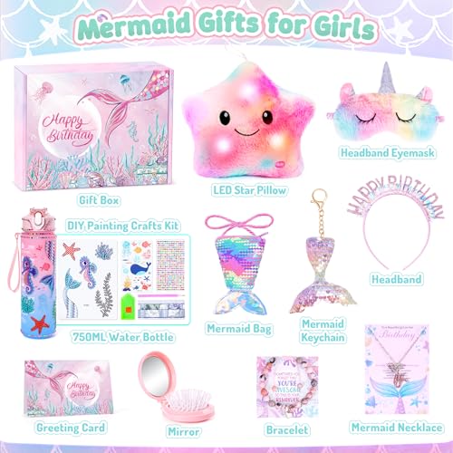 Auspicious beginning 13PCS Mermaid Toys Gifts for Girls 46 7 8 9 10 Years Old Girls Birthday Gifts Set with Light Up Star Pillow DIY Water Bottle Kits for Daughter Niece Christmas Birthday Baskets for Kids - Image 5