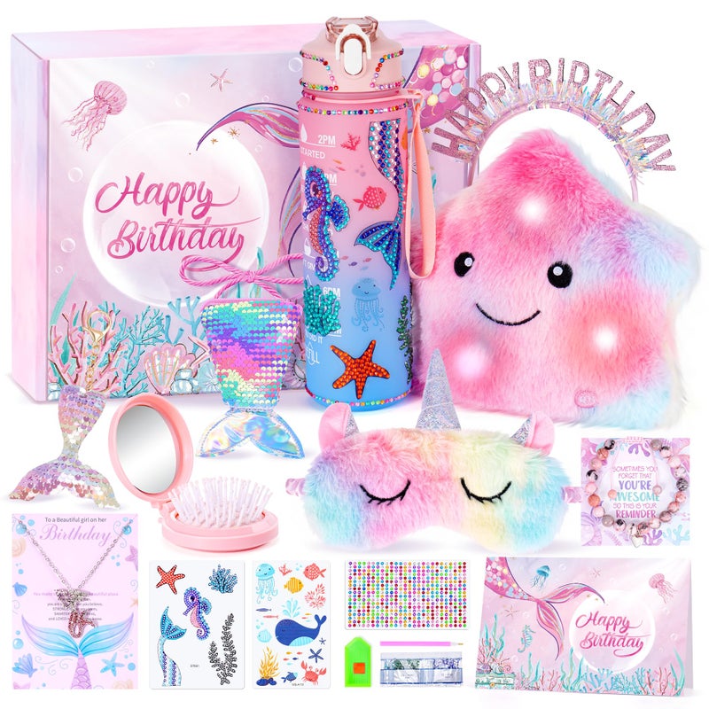 Auspicious beginning 13PCS Mermaid Toys Gifts for Girls 46 7 8 9 10 Years Old Girls Birthday Gifts Set with Light Up Star Pillow DIY Water Bottle Kits for Daughter Niece Christmas Birthday Baskets for Kids - Image 3