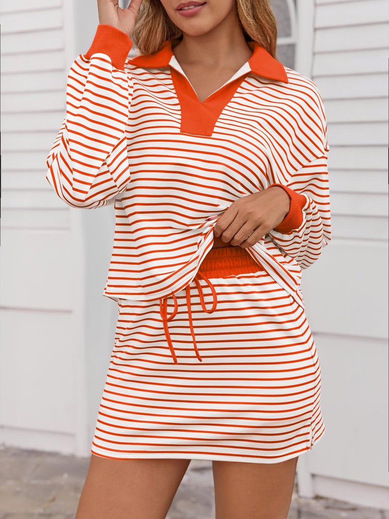 Fisoew Womens Striped 2 Piece Outfits Casual Sweatshirt Skirt Set Long Sleeve Skort Workout Set Matching Lounge Sets - Image 2