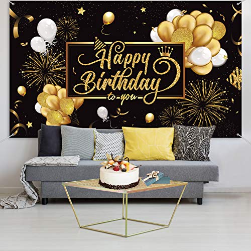 Blulu Happy Birthday Banner Sign Poster Large Fabric Glitter Balloon Fireworks Sign Photo Backdrop Background for Birthday Decoration Supplies, 72.8 x 43.3in (Black and Gold) - Image 5