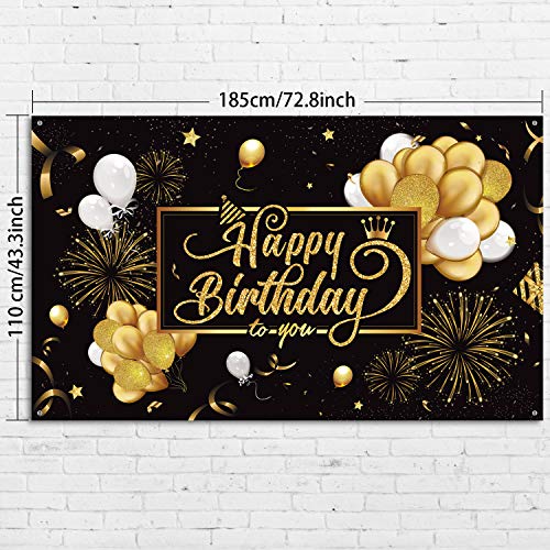 Blulu Happy Birthday Banner Sign Poster Large Fabric Glitter Balloon Fireworks Sign Photo Backdrop Background for Birthday Decoration Supplies, 72.8 x 43.3in (Black and Gold) - Image 2