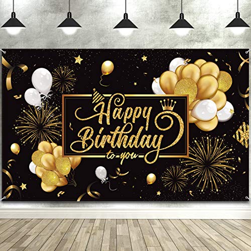 Blulu Happy Birthday Banner Sign Poster Large Fabric Glitter Balloon Fireworks Sign Photo Backdrop Background for Birthday Decoration Supplies, 72.8 x 43.3in (Black and Gold) - Image 1