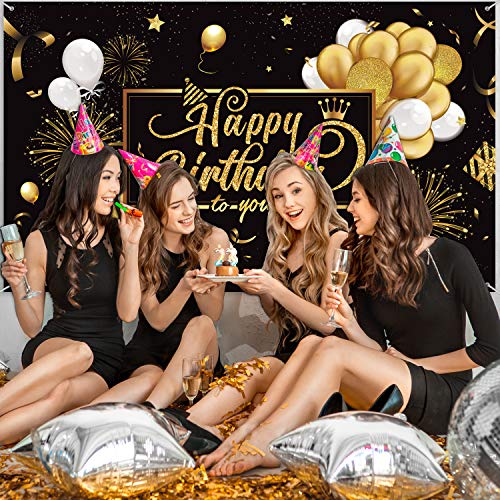 Blulu Happy Birthday Banner Sign Poster Large Fabric Glitter Balloon Fireworks Sign Photo Backdrop Background for Birthday Decoration Supplies, 72.8 x 43.3in (Black and Gold) - Image 4