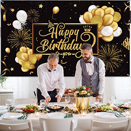 Blulu Happy Birthday Banner Sign Poster Large Fabric Glitter Balloon Fireworks Sign Photo Backdrop Background for Birthday Decoration Supplies, 72.8 x 43.3in (Black and Gold) - Image 3