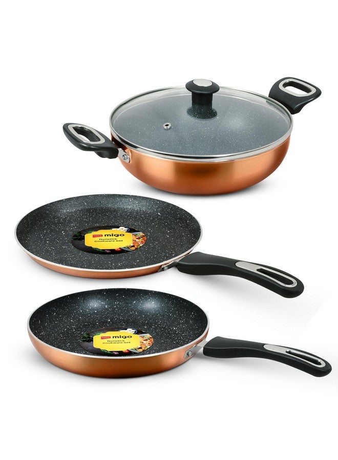 Impex Migo Non Stick Cookwareset 4 pc | Induction Cookware Set 3 mm Thickness of Tawa Pan Fry Pan and Kadai Pan with Lid | Granite Finish 5 Layer Aluminium Cookware Set | 1 Year Warranty - Image 1