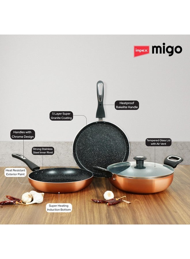 Impex Migo Non Stick Cookwareset 4 pc | Induction Cookware Set 3 mm Thickness of Tawa Pan Fry Pan and Kadai Pan with Lid | Granite Finish 5 Layer Aluminium Cookware Set | 1 Year Warranty - Image 3