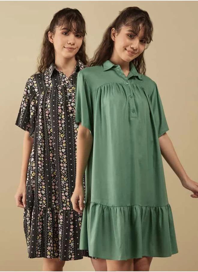 FAV Set of 2 - Tiered Sleepshirt with Collared Neckline and Button Closure