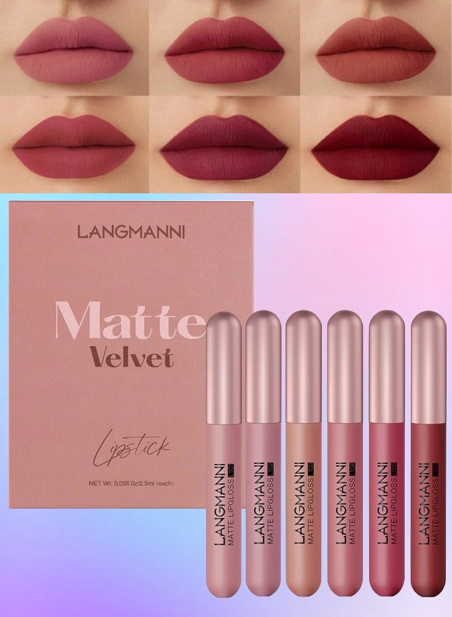 LANGMANNI 6Pcs Matte Velvet Lipstick Set Long Lasting and Rich Pigment Liquid Lipstick Lip Gloss Set Matte Finish Lipstick Capsule Tube Shape Lip Gloss Set Matte Liquid Lipliner Set  - Image 1