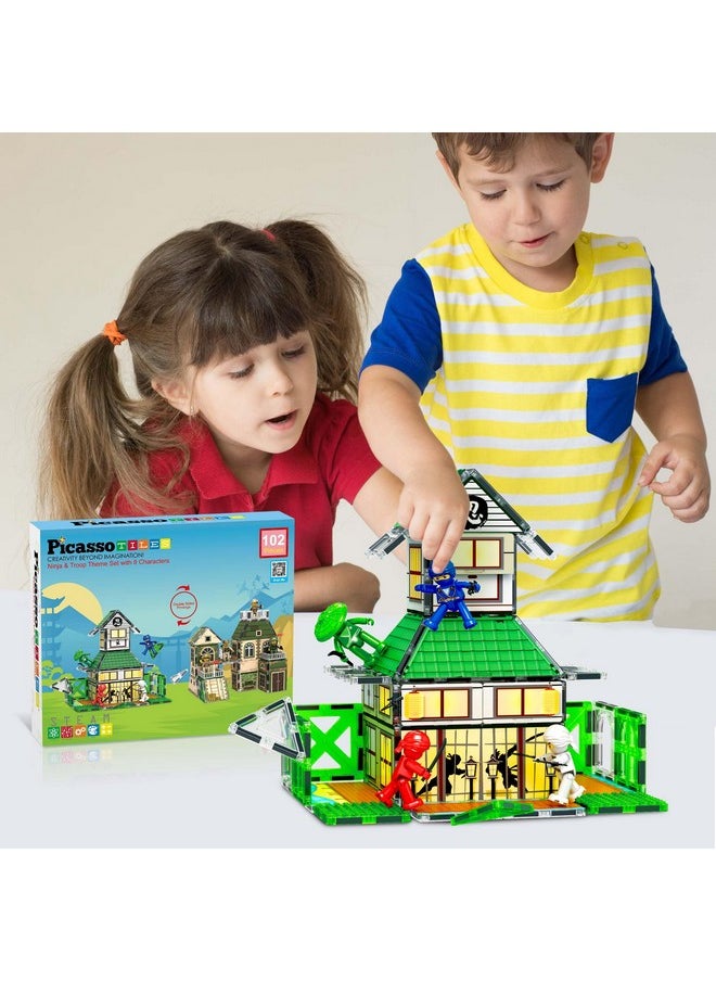 PicassoTiles - 102Pc Magnet Tile Building Block Ninja & Troop Theme Double Sided Printings 2In1 With 8 Character Figures Magnetic Tiles Construction Playset Fine Motor Skill Stem Educational Age3+ Ptq02 - Image 1