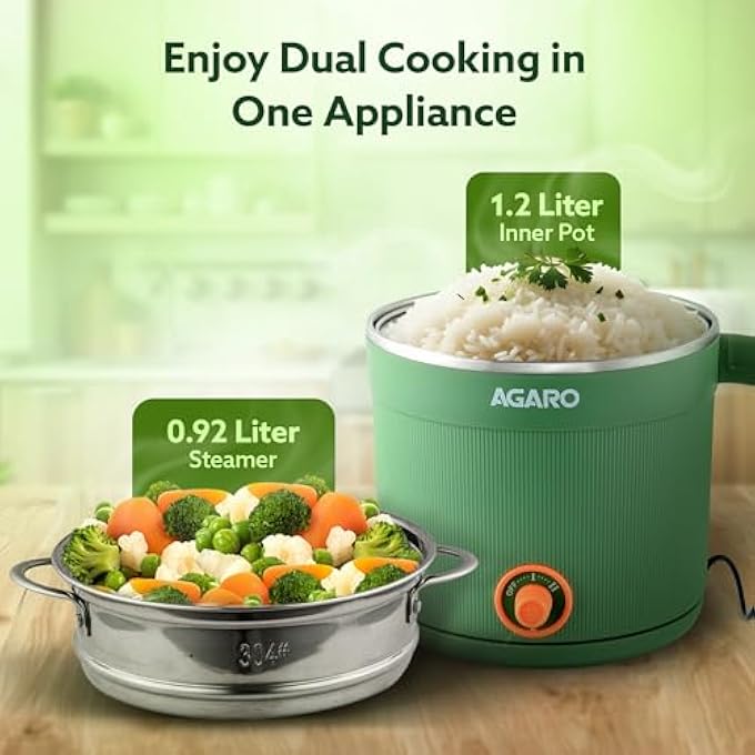 AGARO Regency Multi Cook Kettle With Steamer 12L Inner Pot Double Layered Body Variable Temperature Settings Wide Mouth Boiling Steaming Tea Coffee Egg Vegetable Boiling 600W Sea Green - Image 4
