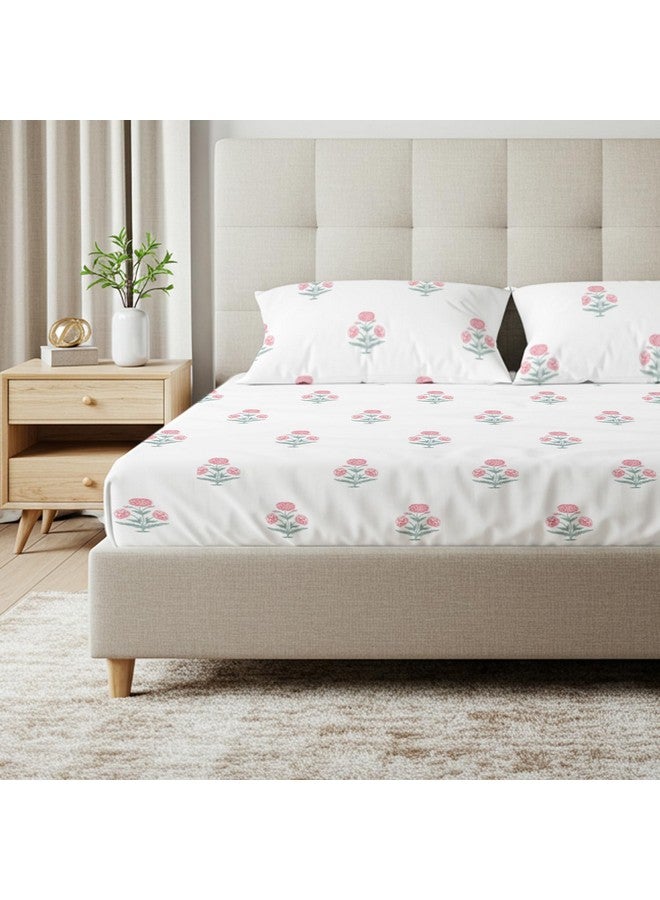 Urban Space أوربان سبيس سيرين 200 TC 100% قطن ملاءات سرير مطاطية بحجم كينغ مع 2 غطاء وسادة، ملاءة سرير بحجم كينغ (دوار الشمس - وردي رمان، الحجم 72 x 78 بوصة) - Image 1