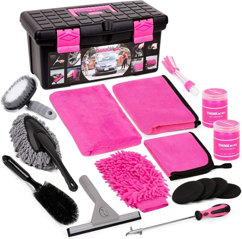 THINKWORK Pink Car Detailing Cleaning Kit, Car Wash Kit, Car Accessories for Women Suitable for Small and Medium Vehicles Such As Cars, Trucks, SUVs - Image 1