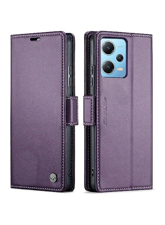 حافظة جلدية بنفسجية لهاتف Redmi Note 12 5G\/Poco X5 5G، تصميم مانع للإشعاع الكهرومغناطيسي ومزودة بحامل ومسند مغناطيسي للبطاقات