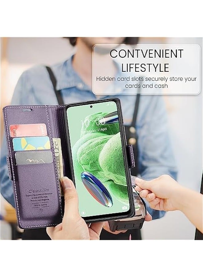 حافظة جلدية بنفسجية لهاتف Redmi Note 12 5G\/Poco X5 5G، تصميم مانع للإشعاع الكهرومغناطيسي ومزودة بحامل ومسند مغناطيسي للبطاقات