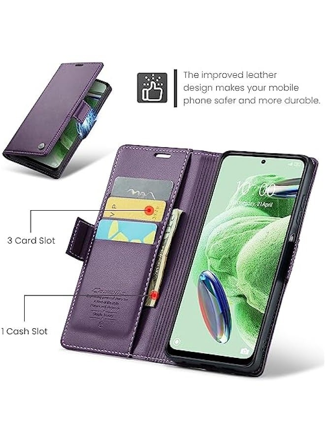 حافظة جلدية بنفسجية لهاتف Redmi Note 12 5G\/Poco X5 5G، تصميم مانع للإشعاع الكهرومغناطيسي ومزودة بحامل ومسند مغناطيسي للبطاقات