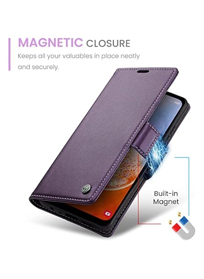 حافظة جلدية بنفسجية لهاتف Redmi Note 12 5G\/Poco X5 5G، تصميم مانع للإشعاع الكهرومغناطيسي ومزودة بحامل ومسند مغناطيسي للبطاقات