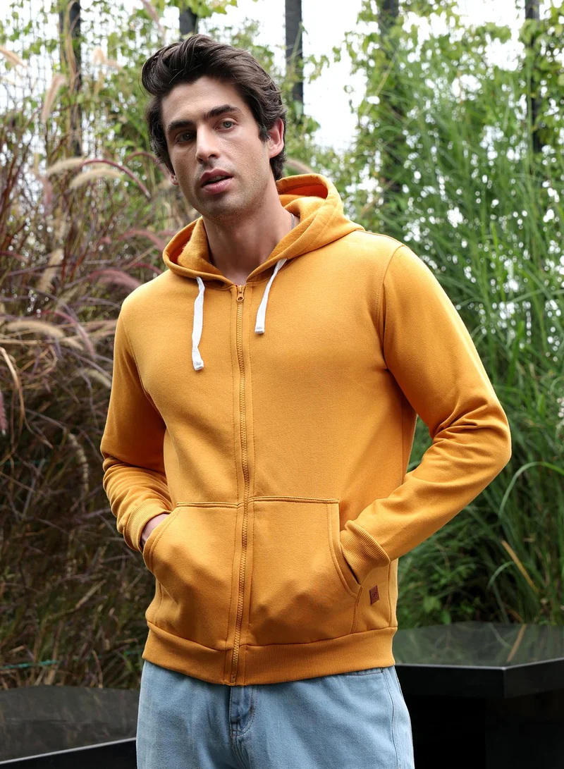 Campus Sutra Men Zip-Front Regular Hoodie | Hooded Neck, Long Ribbed Cuff Sleeves | Zipper , Ribbed-Straight Hem | Solid Fleece | Knitted Fabric For Casual & Daily Wear | Mustard Yellow