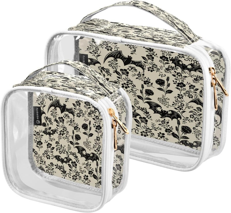 2 Pack Clear Makeup Bag, Bat Retro Flower Car Pouches For Organization Waterproof Travel Toiletry Bags For Women Girl