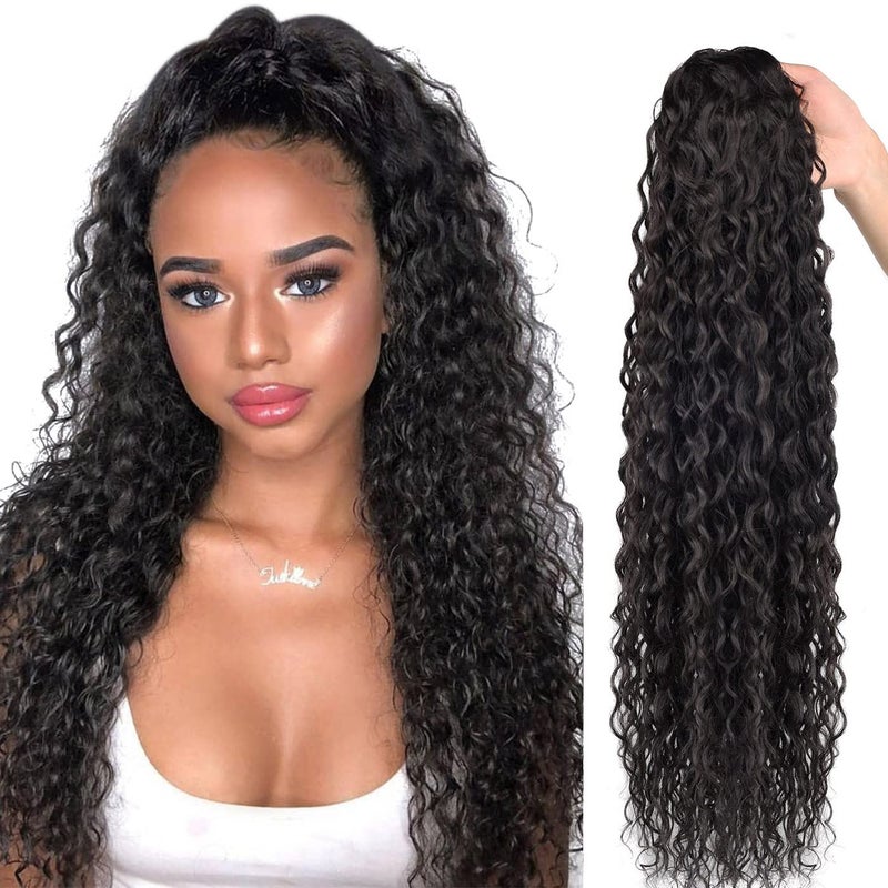 Meepo 30 Inch Curly Ponytail Extensions Synthetic Deep Wave Drawstring Ponytail For Black Women Human Hair Feeling With Clip In Thick Ponytail Hair Natural Brown Hairpiece2160g 30 cw 2