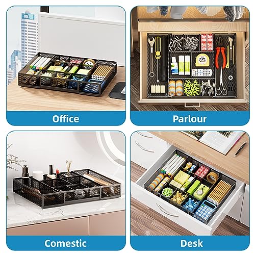 Marbrasse Expandable Desk Drawer Organizer, Mesh Drawer Organizer Tray with 10 Adjustable Compartments, Desk Organizers and Accessories, 5 Dividers Drawer for Office Supplies, Makeup & Vanity (Black) - Image 4