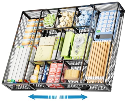 Marbrasse Expandable Desk Drawer Organizer, Mesh Drawer Organizer Tray with 10 Adjustable Compartments, Desk Organizers and Accessories, 5 Dividers Drawer for Office Supplies, Makeup & Vanity (Black) - Image 1