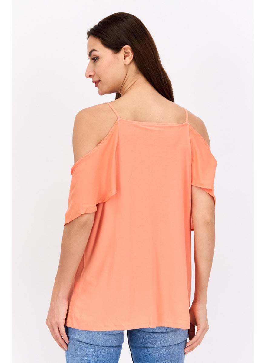 NINE WEST Women Square Neck Cold Shoulder Sleeve Plain Top, Coral Orange  - Image 3