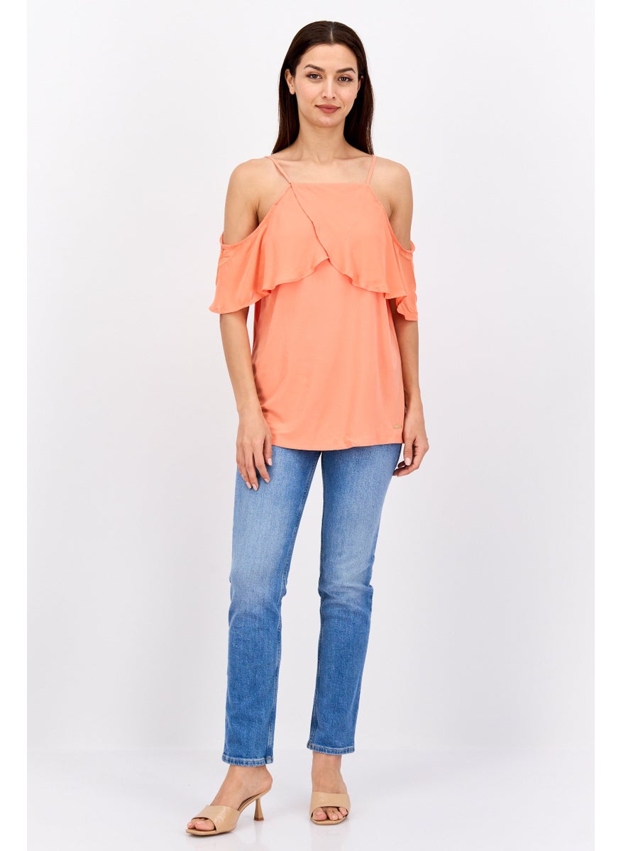 NINE WEST Women Square Neck Cold Shoulder Sleeve Plain Top, Coral Orange  - Image 4
