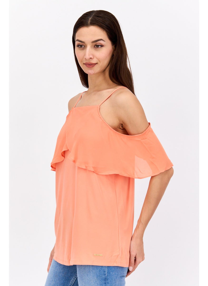 NINE WEST Women Square Neck Cold Shoulder Sleeve Plain Top, Coral Orange  - Image 2