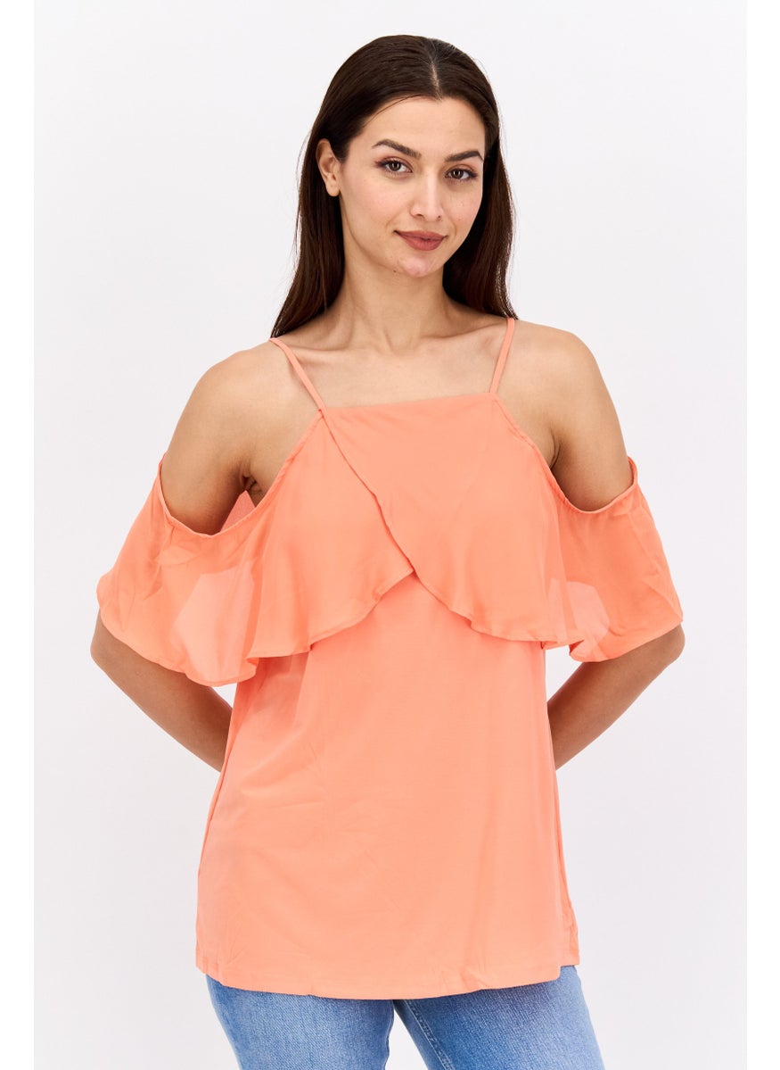 NINE WEST Women Square Neck Cold Shoulder Sleeve Plain Top, Coral Orange  - Image 1
