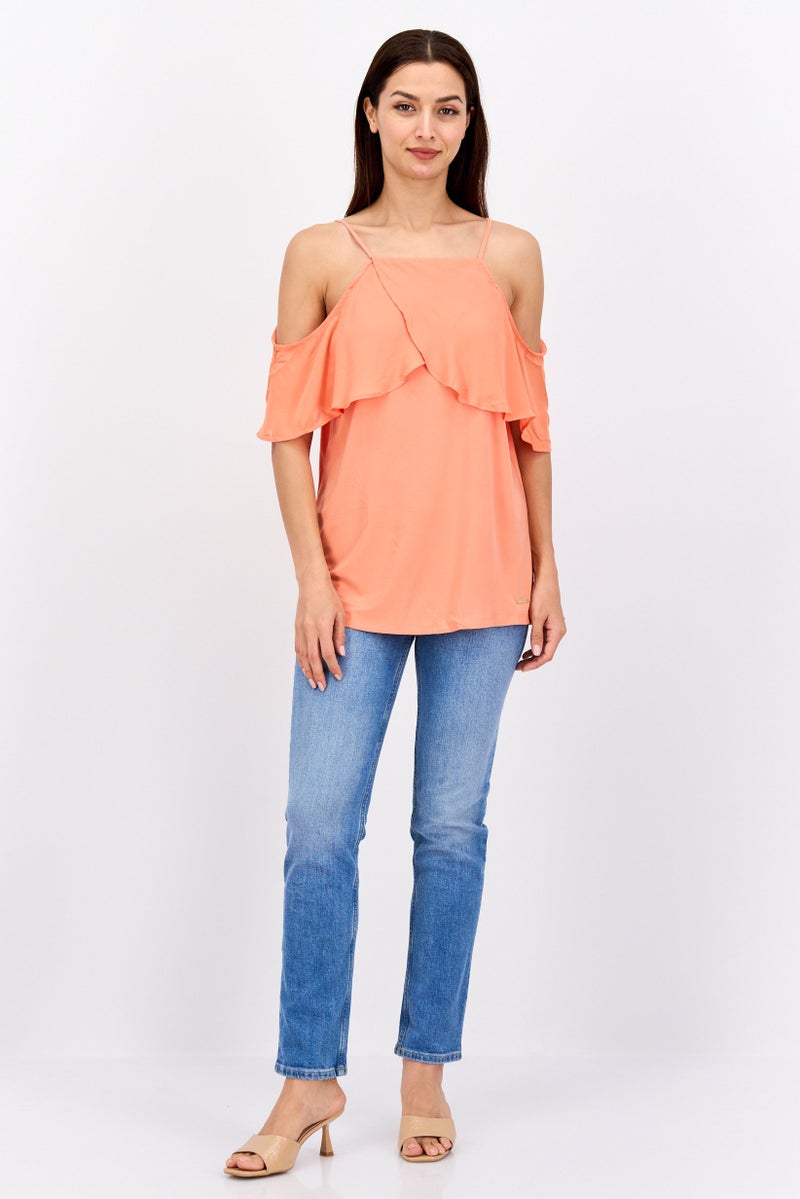 NINE WEST بلوزة نسائية بياقة مربعة وأكمام باردة بسيطة، برتقالي مرجاني - Image 4