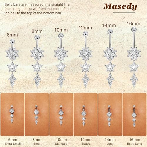 Masedy Pure Titanium Dangle Belly Button Rings for Women Internally Thread Curved Barbell Belly Rings Dangling Navel Rings CZ Flower Navel Piercing Jewelry Silver 10mm - Image 3