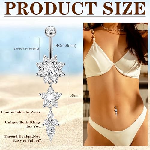 Masedy Pure Titanium Dangle Belly Button Rings for Women Internally Thread Curved Barbell Belly Rings Dangling Navel Rings CZ Flower Navel Piercing Jewelry Silver 10mm - Image 2