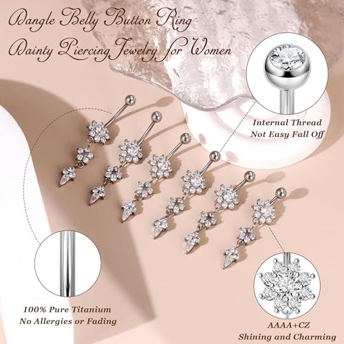 Masedy Pure Titanium Dangle Belly Button Rings for Women Internally Thread Curved Barbell Belly Rings Dangling Navel Rings CZ Flower Navel Piercing Jewelry Silver 10mm - Image 4