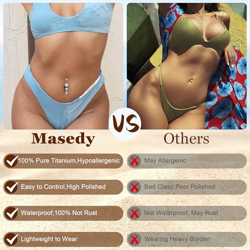 Masedy Pure Titanium Dangle Belly Button Rings for Women Internally Thread Curved Barbell Belly Rings Dangling Navel Rings CZ Flower Navel Piercing Jewelry Silver 10mm - Image 5