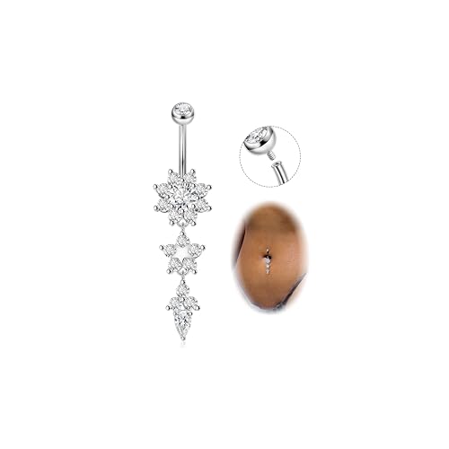 Masedy Pure Titanium Dangle Belly Button Rings for Women Internally Thread Curved Barbell Belly Rings Dangling Navel Rings CZ Flower Navel Piercing Jewelry Silver 10mm - Image 1