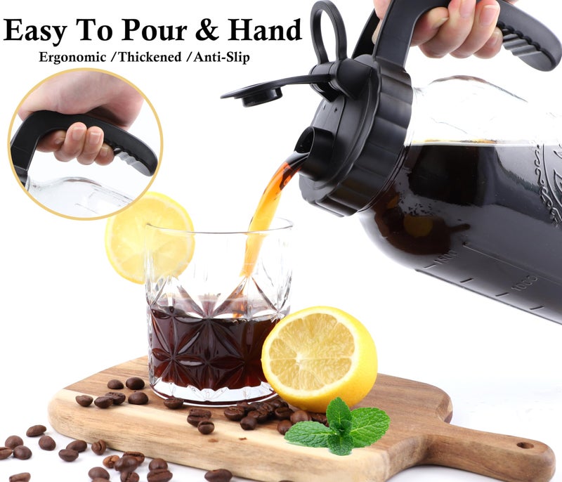 GLUKIEWT Cold Brew Coffee Maker Half Gallon 2 Set Glass Mason Jar Pitcher With Spout Lid Filter 2 Quart Wide Mouth Iced Tea Brewing Jug Heavy Duty Handle Airtight & Leak-Proof Pitcher For Fridge Sun Tea 64 OZ - Image 4