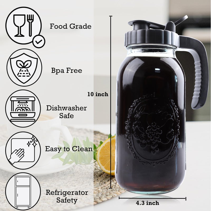 GLUKIEWT Cold Brew Coffee Maker Half Gallon 2 Set Glass Mason Jar Pitcher With Spout Lid Filter 2 Quart Wide Mouth Iced Tea Brewing Jug Heavy Duty Handle Airtight & Leak-Proof Pitcher For Fridge Sun Tea 64 OZ - Image 2
