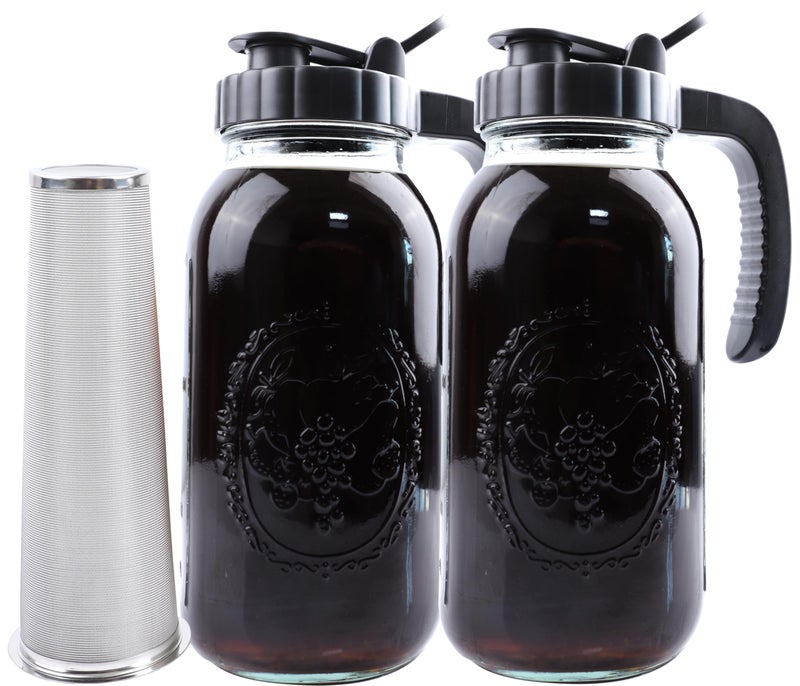 GLUKIEWT Cold Brew Coffee Maker Half Gallon 2 Set Glass Mason Jar Pitcher With Spout Lid Filter 2 Quart Wide Mouth Iced Tea Brewing Jug Heavy Duty Handle Airtight & Leak-Proof Pitcher For Fridge Sun Tea 64 OZ - Image 1
