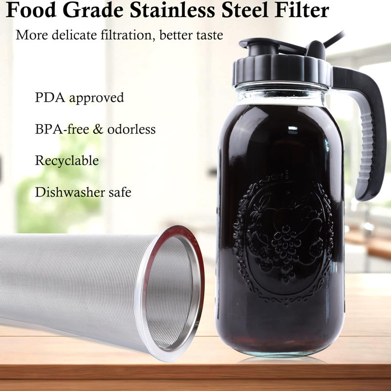 GLUKIEWT Cold Brew Coffee Maker Half Gallon 2 Set Glass Mason Jar Pitcher With Spout Lid Filter 2 Quart Wide Mouth Iced Tea Brewing Jug Heavy Duty Handle Airtight & Leak-Proof Pitcher For Fridge Sun Tea 64 OZ - Image 5