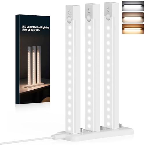 Rihvy 3-Pack Under Cabinet Lighting 8-Inch Rechargeable Motion Sensor Light Indoor 3 Color Dimmable Closet Light, USB Stick on LED Magnetic Under Counter Lights for Kitchen Stair - Image 1