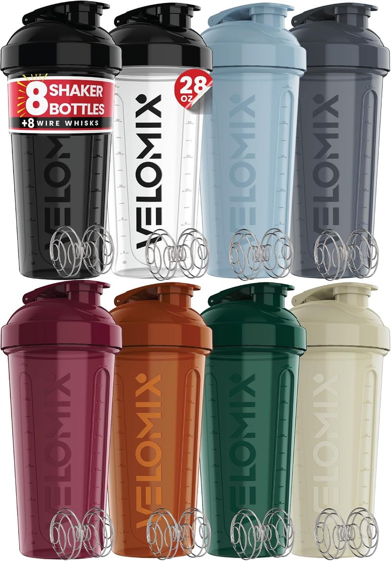 VELOMIX -8 PACK- 28 oz Protein Shaker Bottle for Protein Mixes - 8x Wire Whisk | Leak Proof Shaker Cups for Protein Shakes | Stackable Protein Shaker Bottle Pack | Dishwasher Safe - Image 1