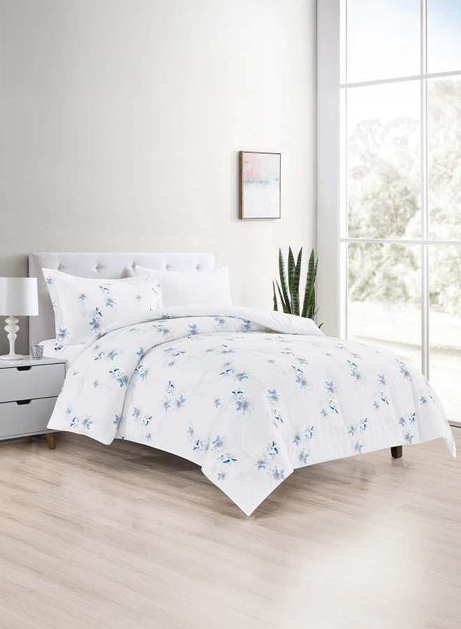In-House Melika | Microfiber Comforter Set 4 Pieces - Queen - 240x190 cm - White & Blue  - Image 1