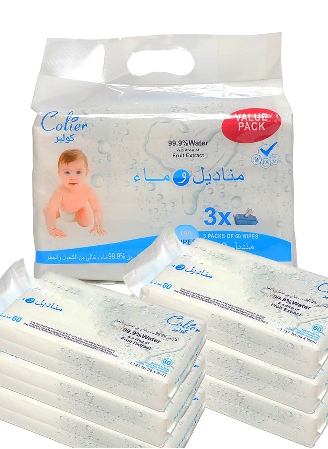 COLIER - 99.9% Water And A Drop Of Fruit Extract 540 Wipes 9 Packs Of 60 Wipes - Image 1