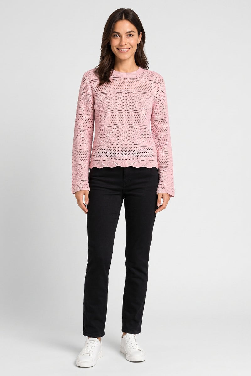Threadbare Women Crew Neck Long Sleeve Crochet Sweater, Pink - Image 2